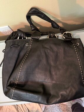 Francesco Biasia Black Leather Hobo Bag with Contrast Stitching